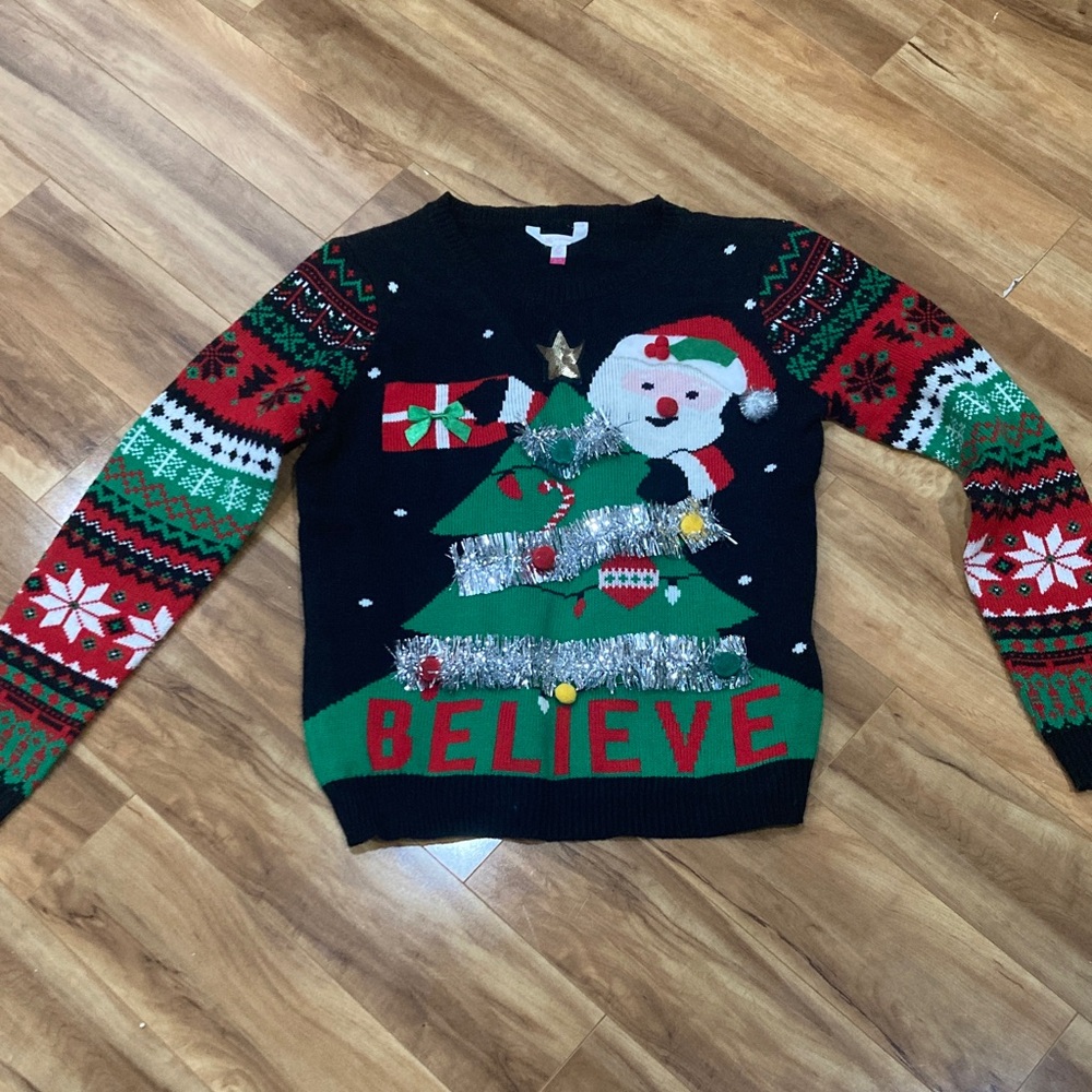 Festive Christmas Sweater with Santa and Tree Design
